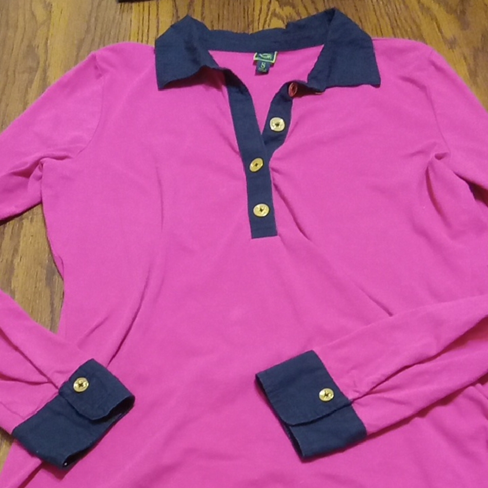 Fair Condition C Wonder Women's Size Medium Pink and Navy Long Sleeve Polo